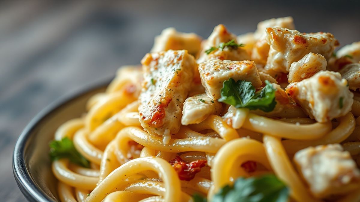 Close-up intenso da textura do macarrão parafuso envolvido pelo molho, com pedaços de tomate e frango em destaque.