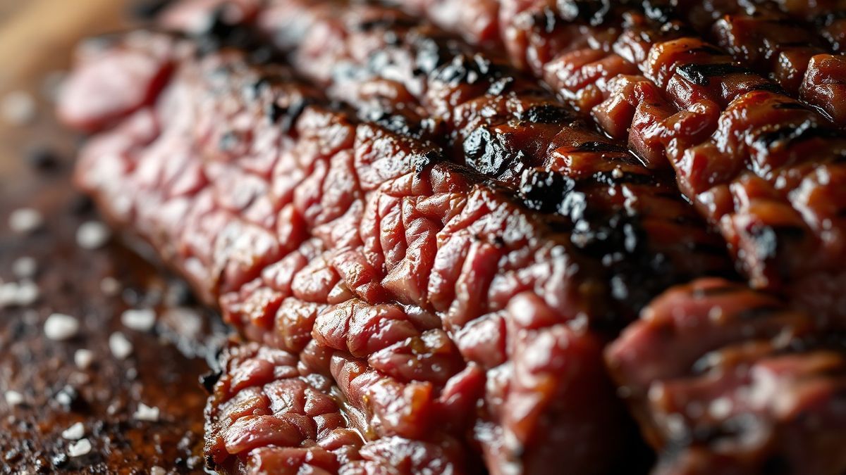 Close-up das fibras da carne cortadas transversalmente para mostrar a maciez.