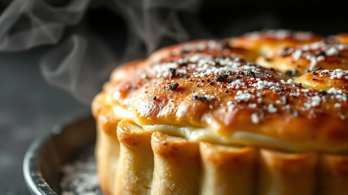 Close-up da torta alemã pronta, destacando a textura do creme e a cobertura de chocolate.