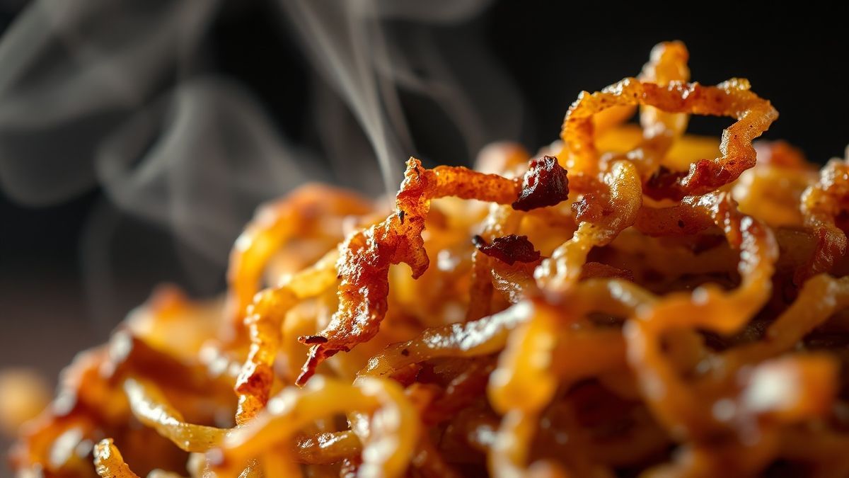 Close-up das cebolas fritas crocantes, destacando a crocância e textura perfeita.