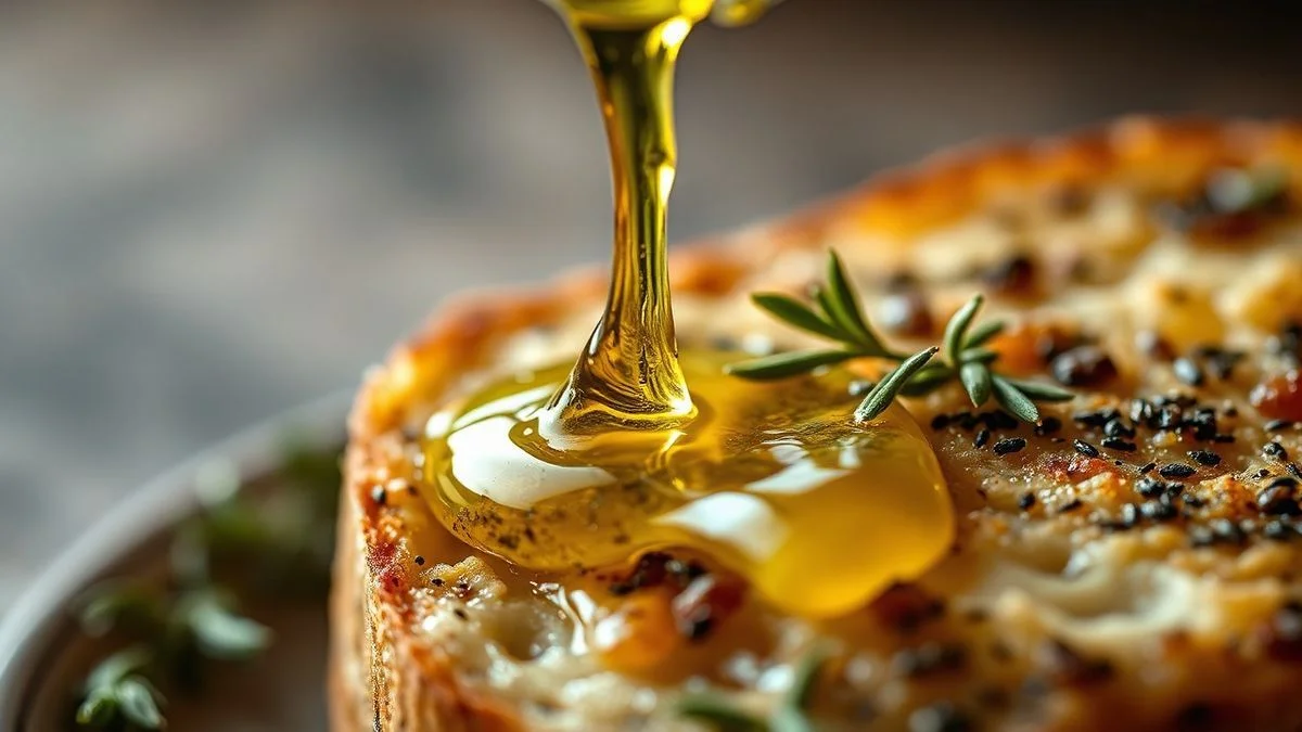 Close-up do azeite sendo derramado sobre uma fatia de pão