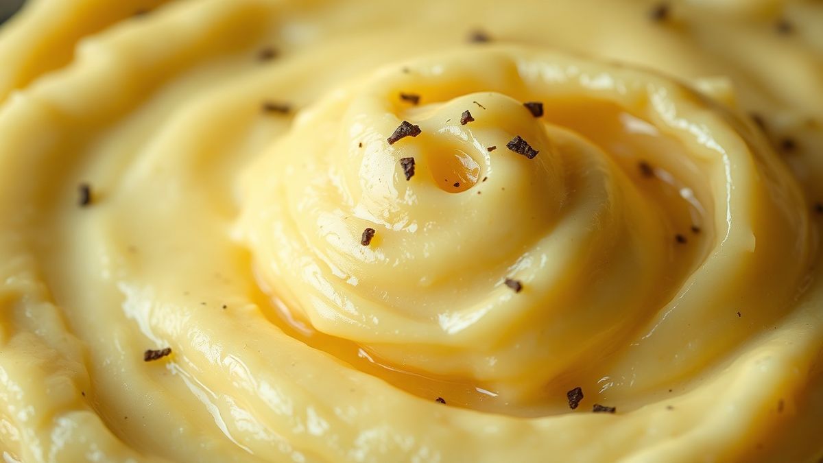 Close-up da textura aveludada e brilhante do purê