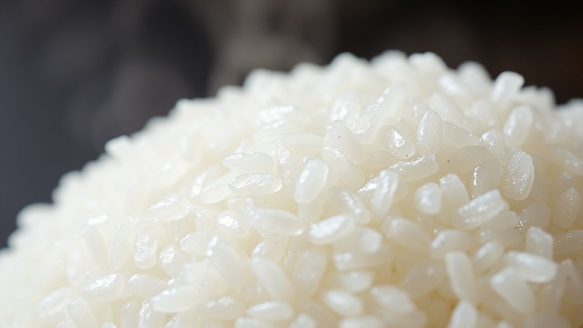 Close-up dos grãos de arroz brilhantes e perfeitamente cozidos, com vapor sutil.
