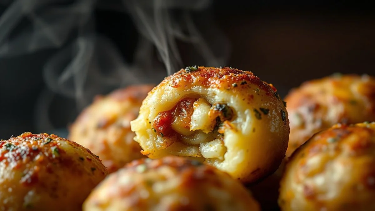 Close-up do bolinho de batata recheado, mostrando a crocância e o recheio suculento.