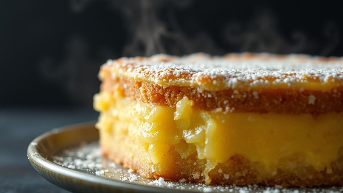 Close-up do bolo finalizado, destacando a crocância da casquinha de limão e a umidade da massa.