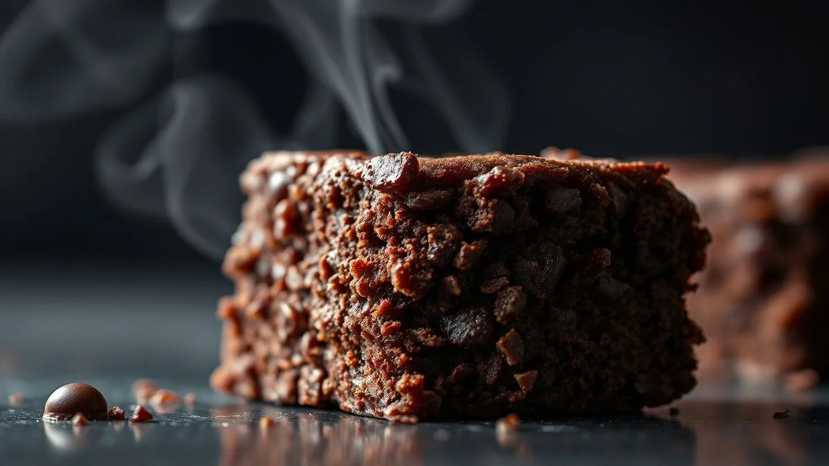 Close-up do brownie pronto, destacando a casquinha crocante e o interior úmido.