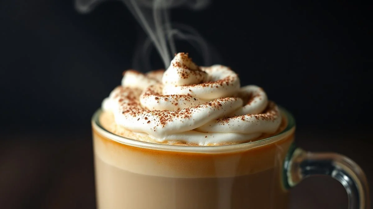 Close-up do capuccino pronto, destacando a espuma e os detalhes.