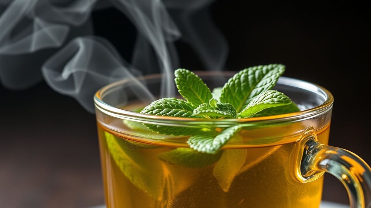 Close-up do chá de hortelã em uma xícara, mostrando a cor vibrante e as folhas frescas.