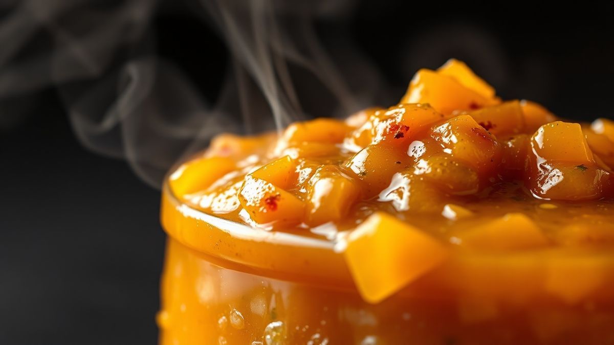 Close-up do chutney de manga pronto, destacando sua textura e os aromas das especiarias.