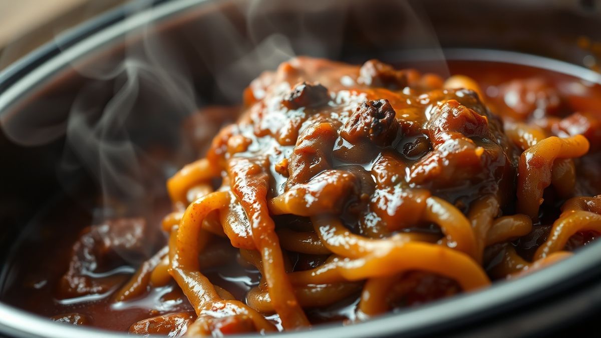 Close-up do cupim desmanchando, mostrando fibras macias e o molho bem encorpado e brilhante