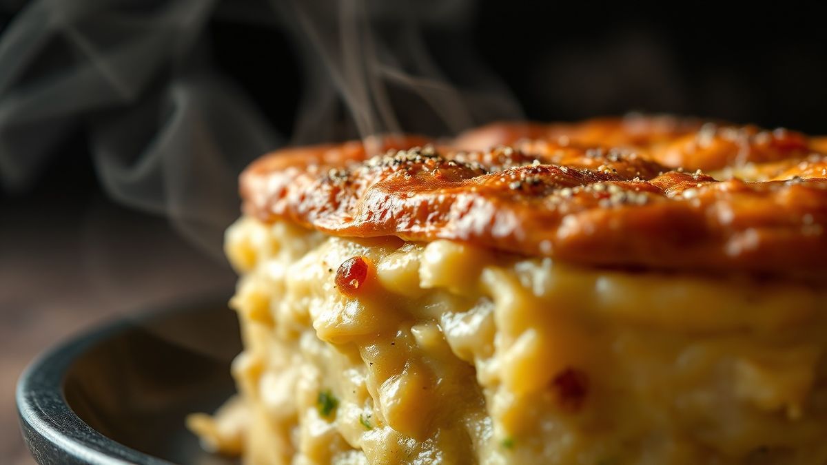 Close-up do empadão pronto, destacando a textura dourada da massa e a cremosidade do recheio.