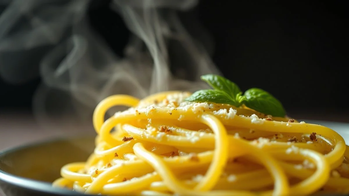 Close-up do espaguete ao limão pronto, destacando a cremosidade e os detalhes do prato.