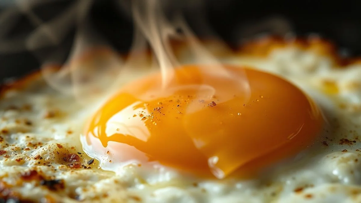 Close-up do ovo frito, destacando a clara dourada e a gema cremosa.
