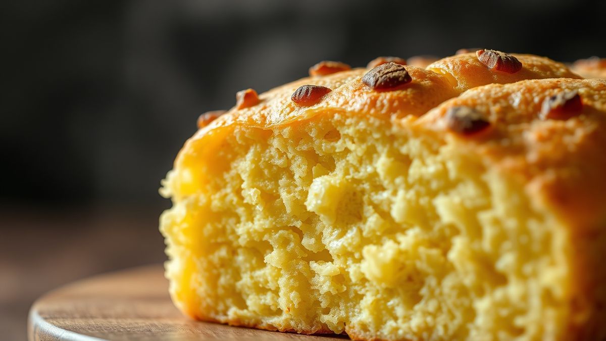 Close-up extremo de uma fatia mostrando o miolo macio, úmido e aerado, com a crosta dourada