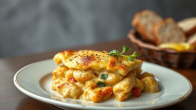 Empadão de frango cremoso, bem dourado, com queijo derretido e servido em um prato elegante, convidativo e apetitoso.