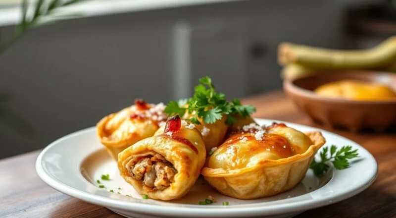 Empadinhas bem douradas, com brilho de gema, servidas em travessa, com aparência amanteigada e de padaria.