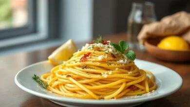 Um prato de espaguete ao limão cremoso, decorado com raspas de limão e folhas de manjericão, servido em um prato elegante.