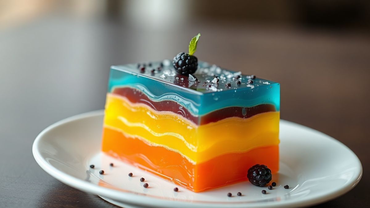 Gelatina colorida enformada, com camadas vibrantes e cremosas, apresentada em um prato decorativo.