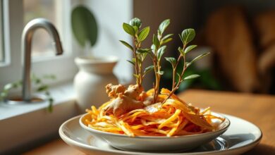 Vaso com gengibre brotando em ambiente claro, mostrando folhas verdes saudáveis e cultivo caseiro simples