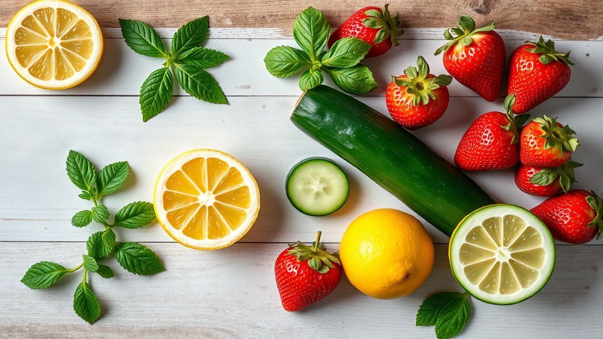 Visão de cima com todos os ingredientes frescos organizados para preparar a água aromatizada.