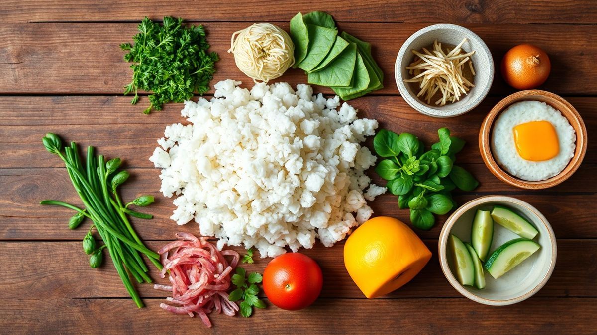 Ingredientes da receita organizados sobre uma bancada de madeira rústica, visão de cima.