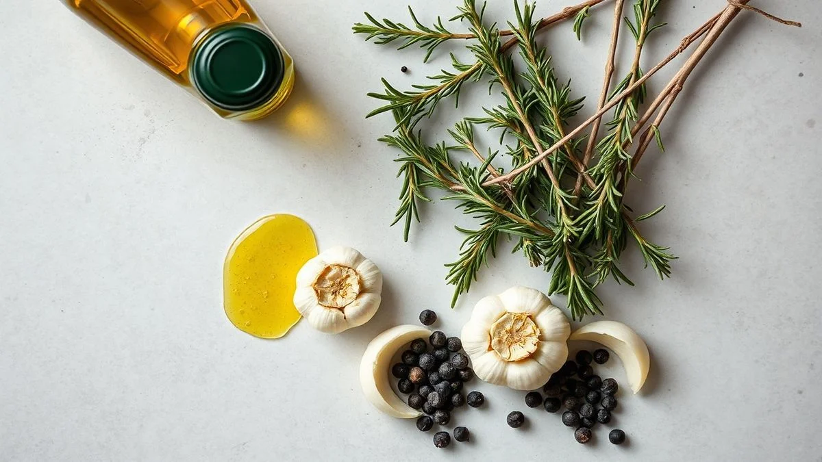 Vista de cima dos ingredientes organizados: azeite, alecrim, tomilho, alho e pimentas