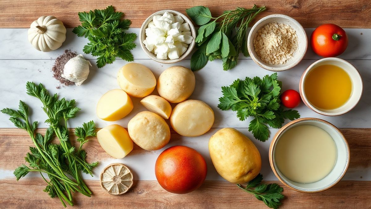 Visão de cima com os ingredientes da batata gratinada organizados em uma bancada, prontos para o preparo.
