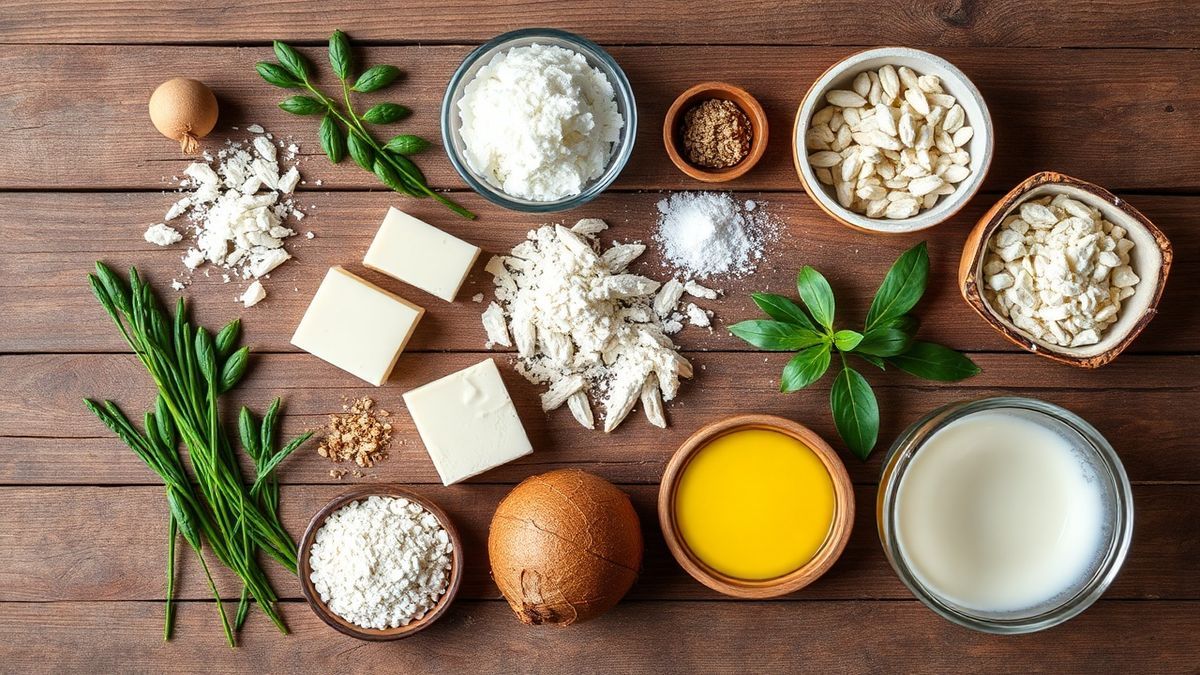 Vista de cima dos ingredientes organizados em superfície limpa