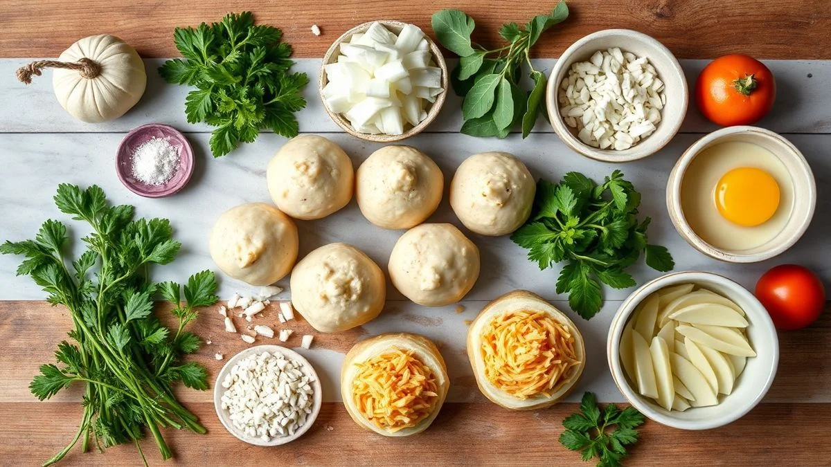 Visão de cima com os ingredientes organizados em uma bancada, prontos para o preparo dos bolinhos.