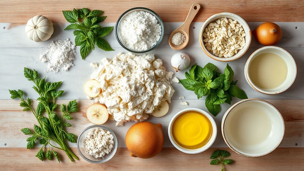 Visão de cima com os ingredientes da receita organizados em uma bancada.