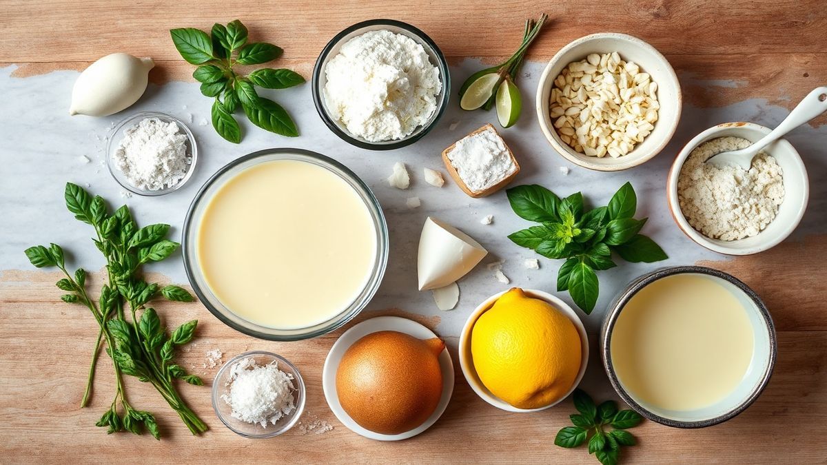 Visão de cima com os ingredientes do bolo organizados em uma bancada, prontos para o preparo.