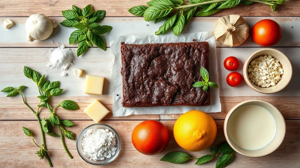 Visão de cima com os ingredientes organizados em uma bancada, prontos para o preparo.