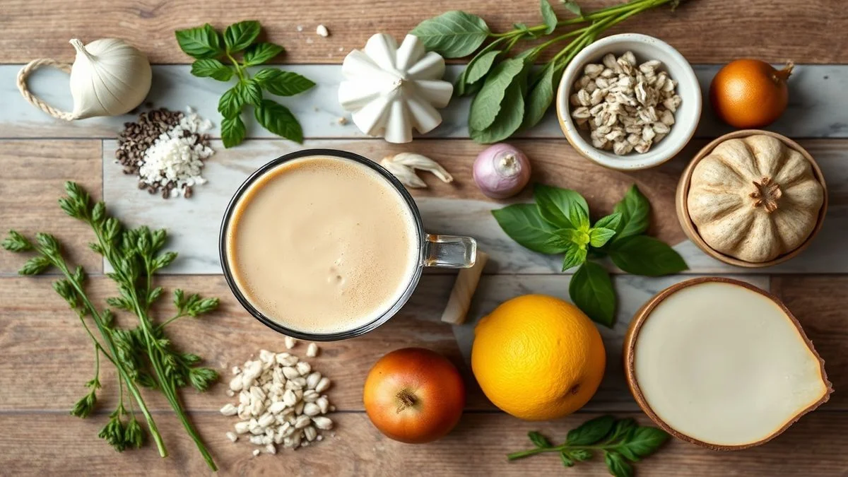 Visão de cima com os ingredientes da receita organizados em uma bancada.