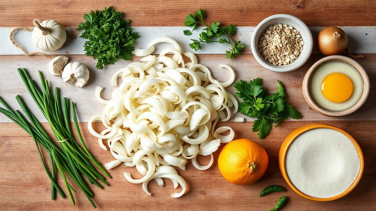 Visão de cima com os ingredientes necessários para a receita de cebolas fritas organizados em uma bancada.