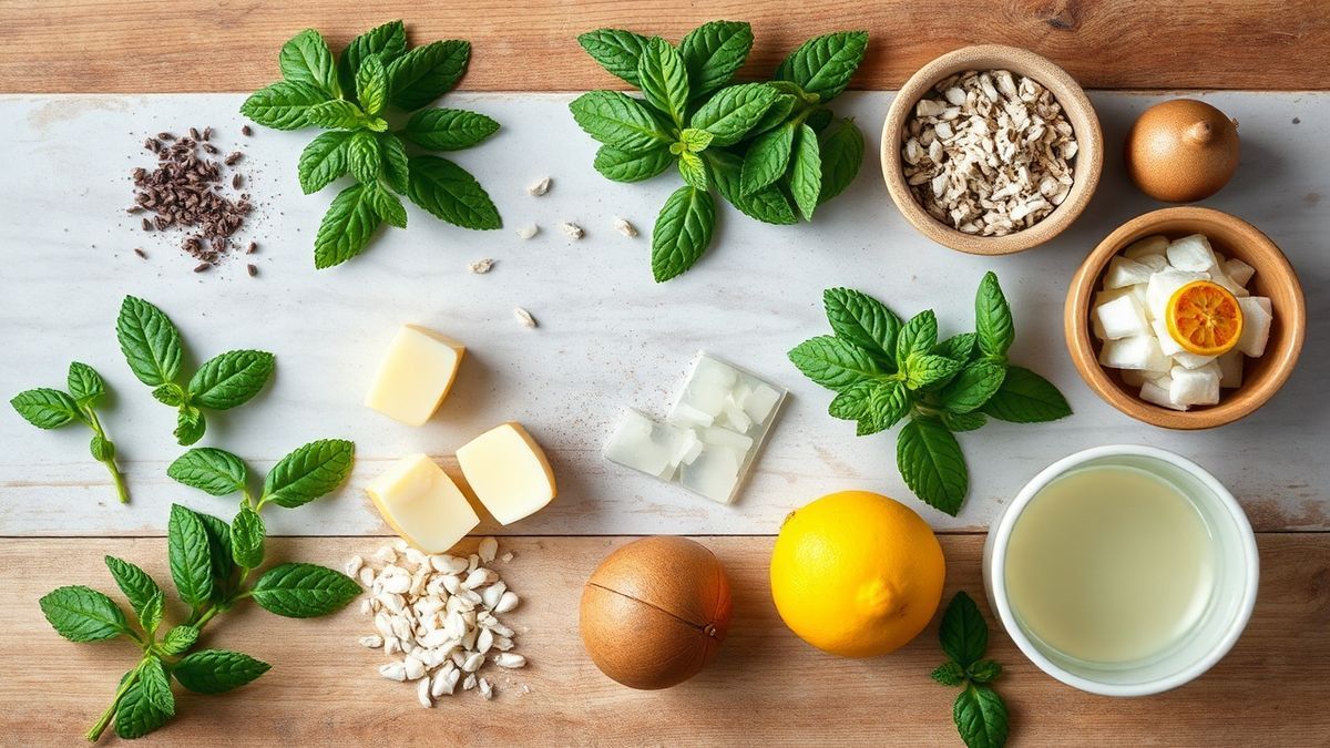 Visão de cima com as folhas de hortelã, água e mel organizados em uma bancada.
