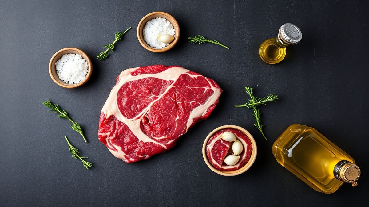 Vista de cima dos ingredientes organizados: carne fresca, sal grosso e alho.
