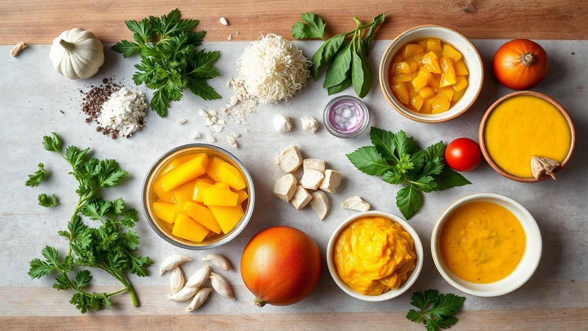 Visão de cima com todos os ingredientes necessários para o chutney de manga organizados.