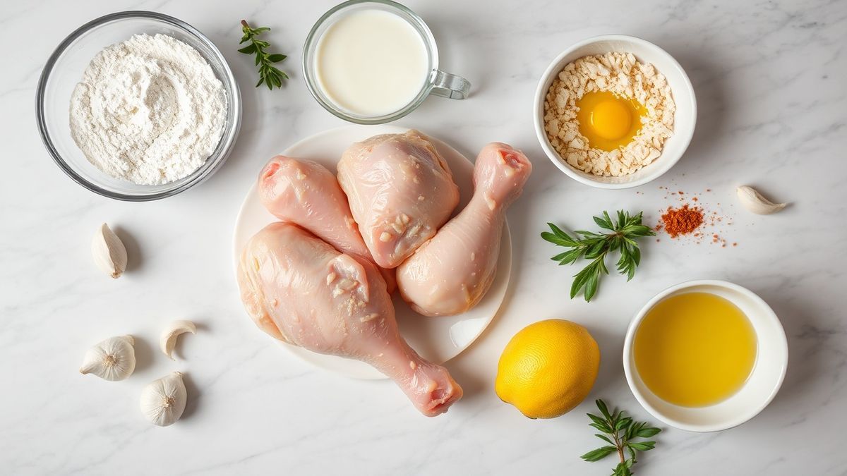 Vista de cima dos ingredientes organizados para empanar