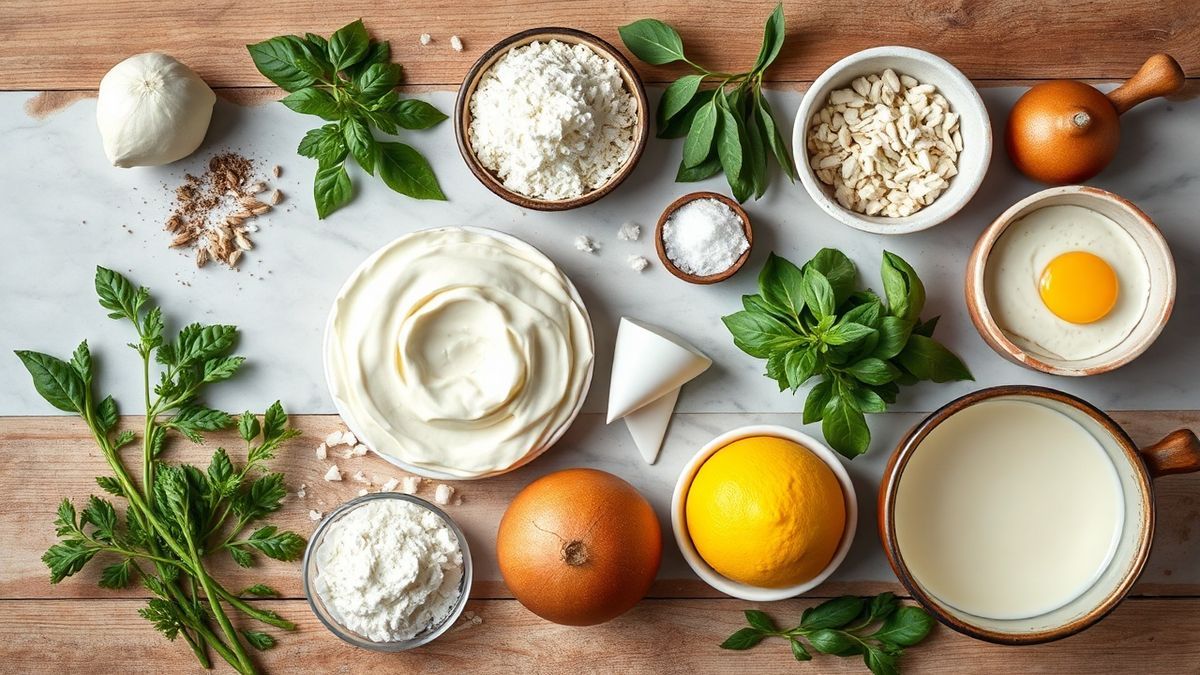 Visão de cima com os ingredientes do creme de confeiteiro organizados em uma bancada.