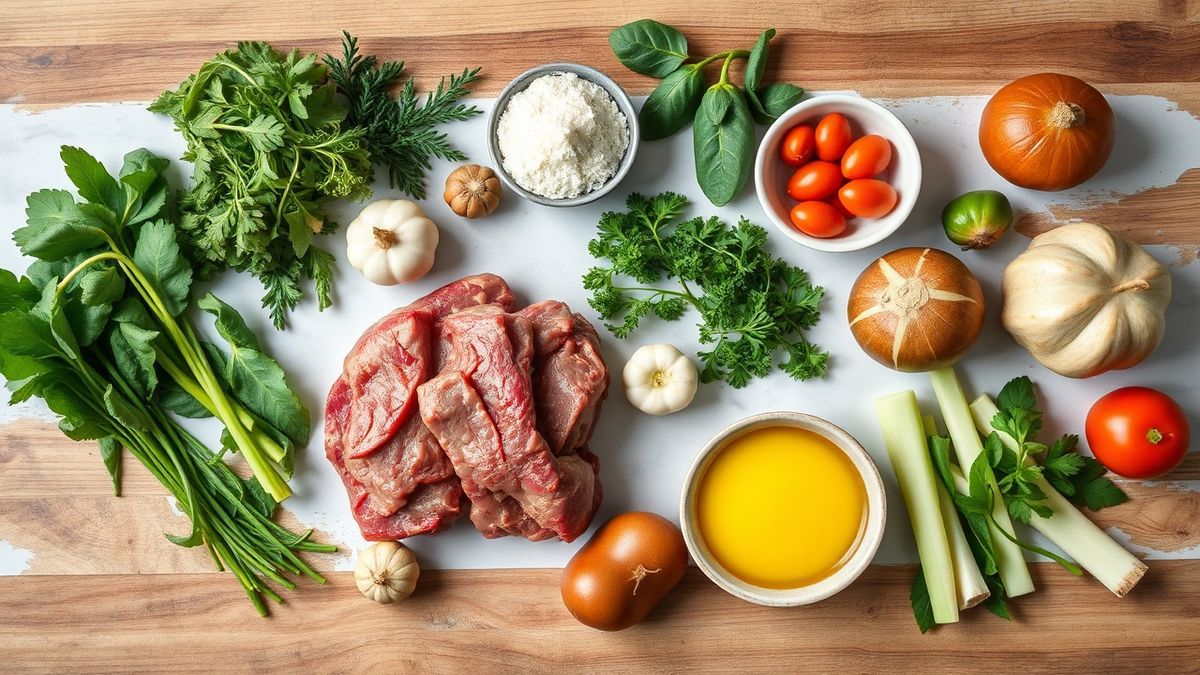 Visão de cima com cupim, cebola, alho, extrato de tomate, louro, páprica, cerveja preta/vinho e temperos organizados na bancada