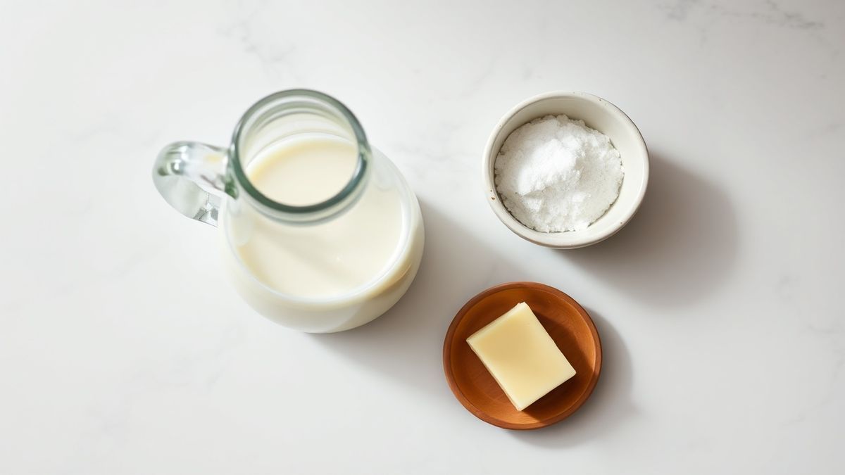 Vista de cima do leite integral em jarra de vidro e açúcar cristal em bowl