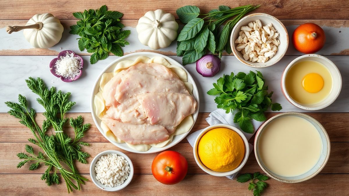 Visão de cima com os ingredientes do empadão organizados em uma bancada, prontos para serem usados.