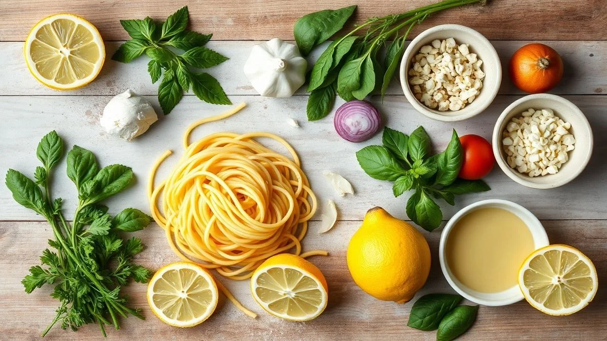 Visão de cima com os ingredientes da receita organizados em uma bancada, incluindo limões, queijo parmesão e espaguete.
