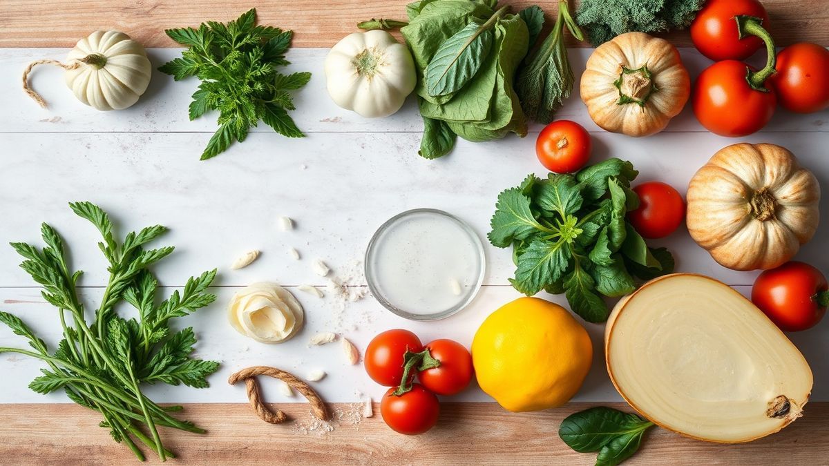 Visão de cima com todos os ingredientes da gelatina colorida organizados em uma bancada.