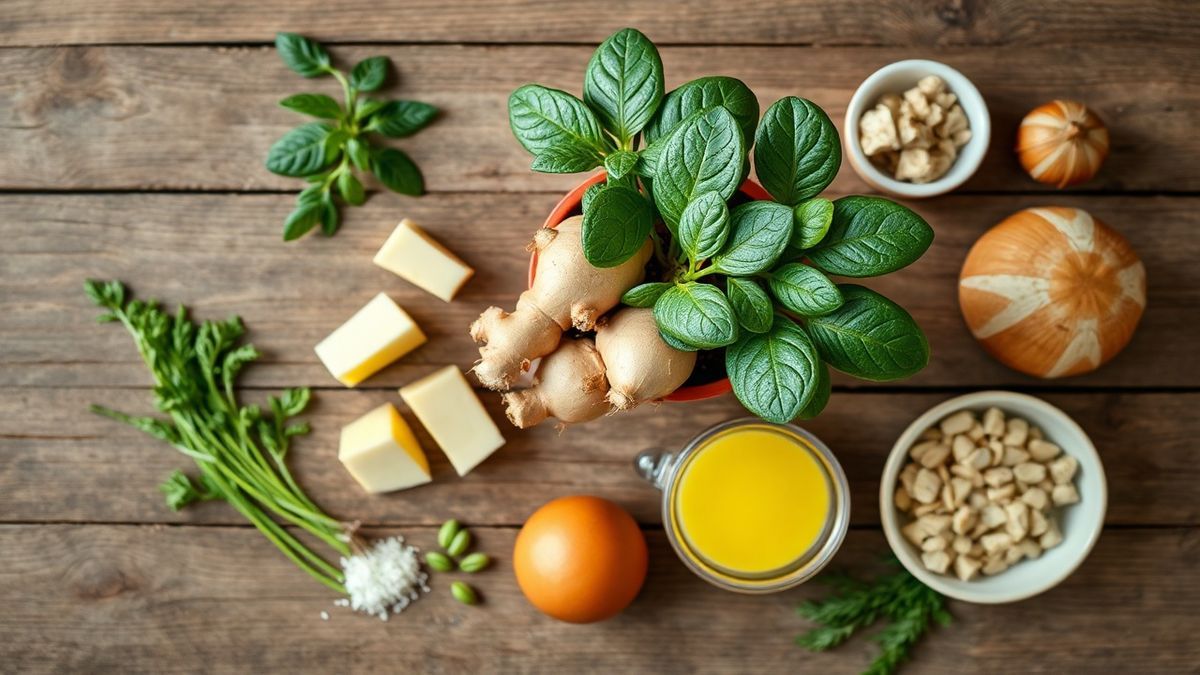 Vista de cima dos ingredientes organizados em superfície limpa