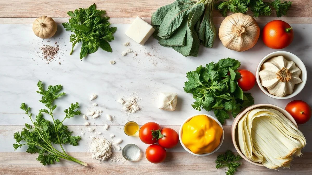 Visão de cima com os ingredientes necessários para a higienização de verduras organizados em uma bancada.
