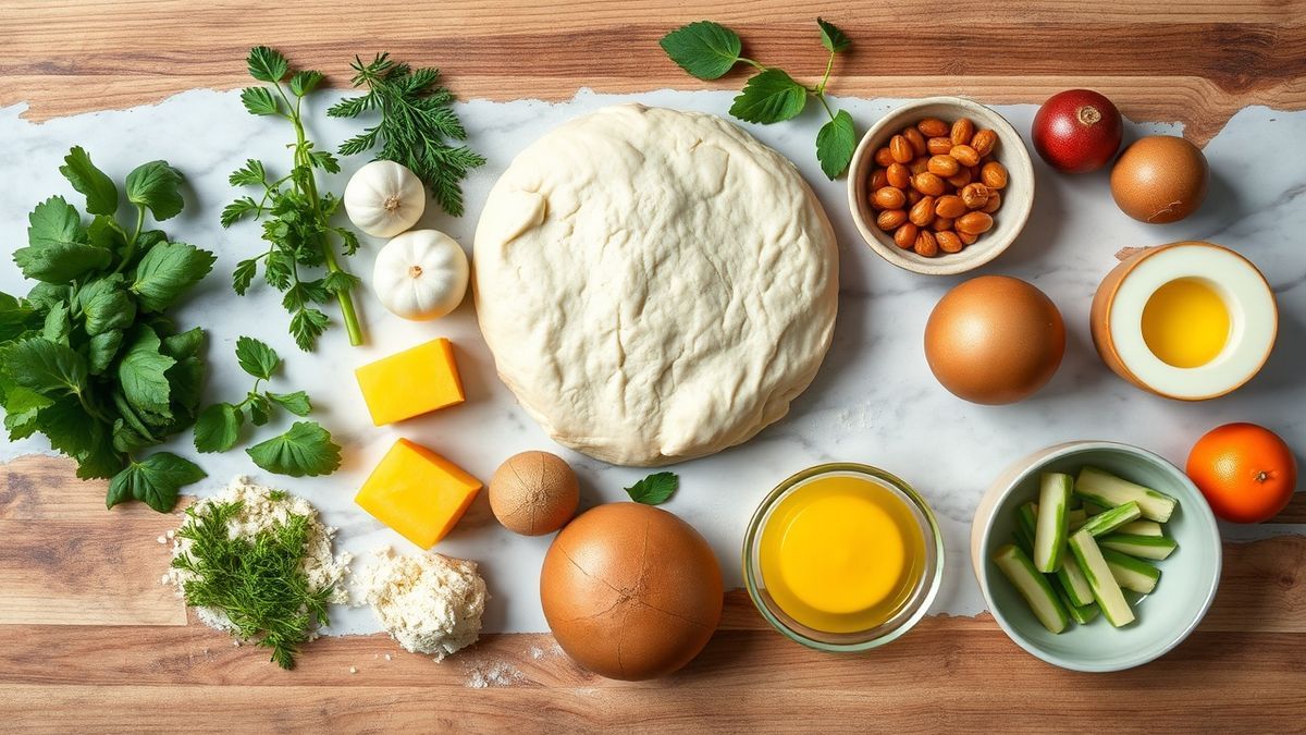 Visão de cima com farinha, manteiga gelada em cubos, ovos, gemas, leite/água gelada, sal, fermento e vinagre organizados.
