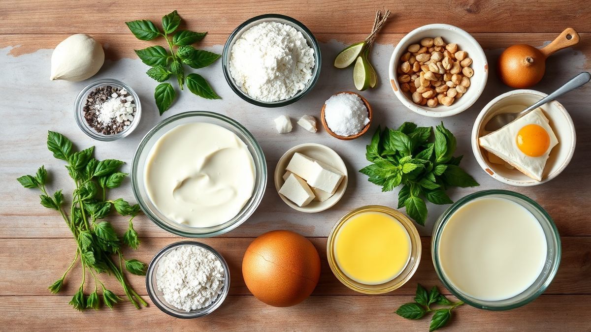 Visão de cima com os ingredientes da mousse organizados em uma bancada, incluindo gelatina e creme de leite.