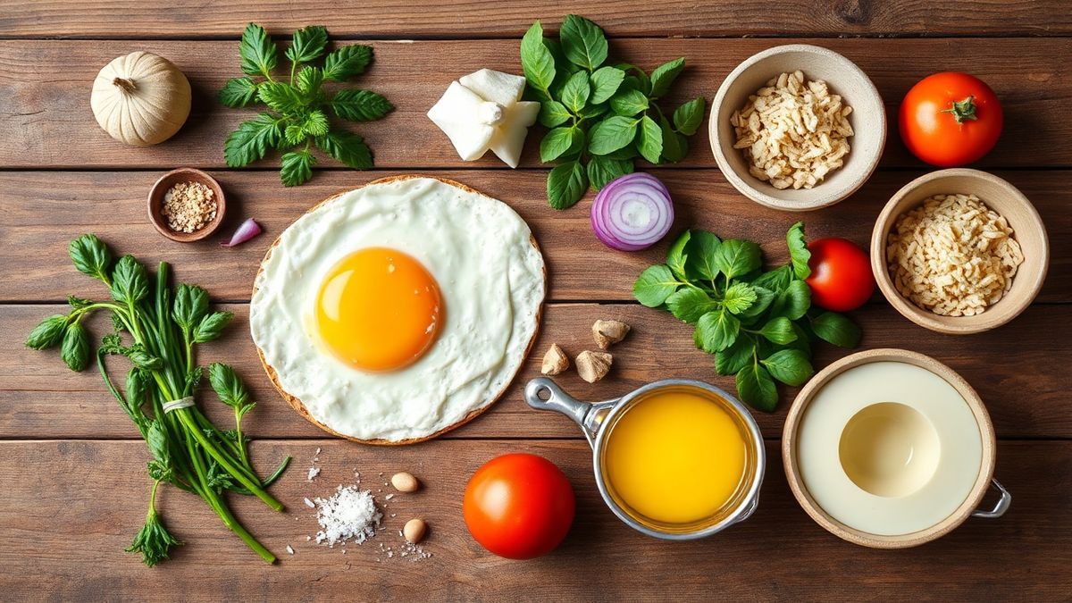 Visão de cima com os ingredientes da receita organizados em uma bancada de madeira.