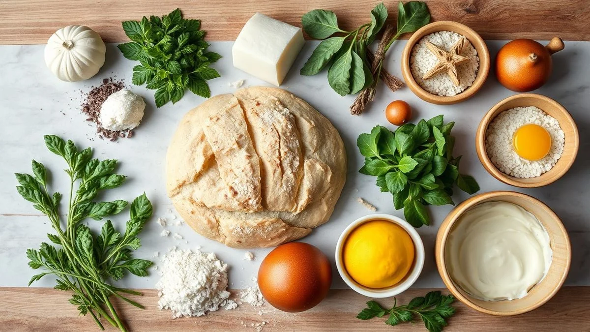 Visão de cima com os ingredientes da receita organizados em uma bancada